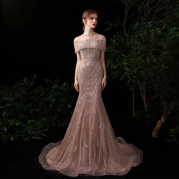 Luxury / Gorgeous Gold Evening Dresses 2020 Trumpet / Mermaid See-through Scoop Neck Short Sleeve Rhinestone Beading Sequins Sweep Train Ruffle Formal Dresses