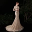 Luxury / Gorgeous Gold Evening Dresses  2020 Trumpet / Mermaid See-through Scoop Neck Short Sleeve Rhinestone Beading Sequins Sweep Train Ruffle Formal Dresses