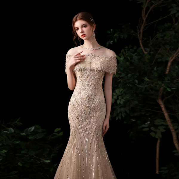 Luxury / Gorgeous Gold Evening Dresses 2020 Trumpet / Mermaid See-through Scoop Neck Short Sleeve Rhinestone Beading Sequins Sweep Train Ruffle Formal Dresses