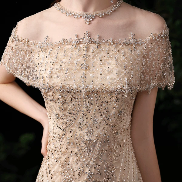 Luxury / Gorgeous Gold Evening Dresses 2020 Trumpet / Mermaid See-through Scoop Neck Short Sleeve Rhinestone Beading Sequins Sweep Train Ruffle Formal Dresses
