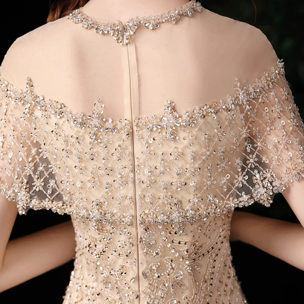 Luxury / Gorgeous Gold Evening Dresses 2020 Trumpet / Mermaid See-through Scoop Neck Short Sleeve Rhinestone Beading Sequins Sweep Train Ruffle Formal Dresses