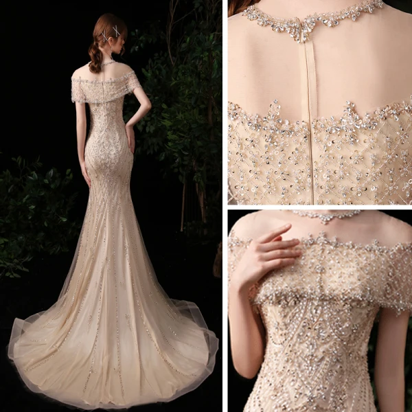 Luxury / Gorgeous Gold Evening Dresses 2020 Trumpet / Mermaid See-through Scoop Neck Short Sleeve Rhinestone Beading Sequins Sweep Train Ruffle Formal Dresses