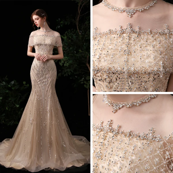 Luxury / Gorgeous Gold Evening Dresses 2020 Trumpet / Mermaid See-through Scoop Neck Short Sleeve Rhinestone Beading Sequins Sweep Train Ruffle Formal Dresses