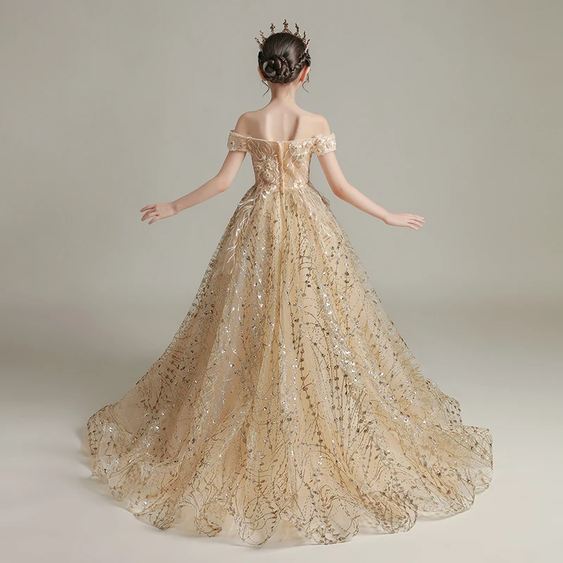 Elegant Gold Birthday Flower Girl Dresses 2020 Ball Gown Off-The-Shoulder Short Sleeve