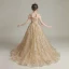 Elegant Gold Birthday Flower Girl Dresses 2020 Ball Gown Off-The-Shoulder Short Sleeve Backless Appliques Lace Beading Pearl Sequins Sweep Train Ruffle