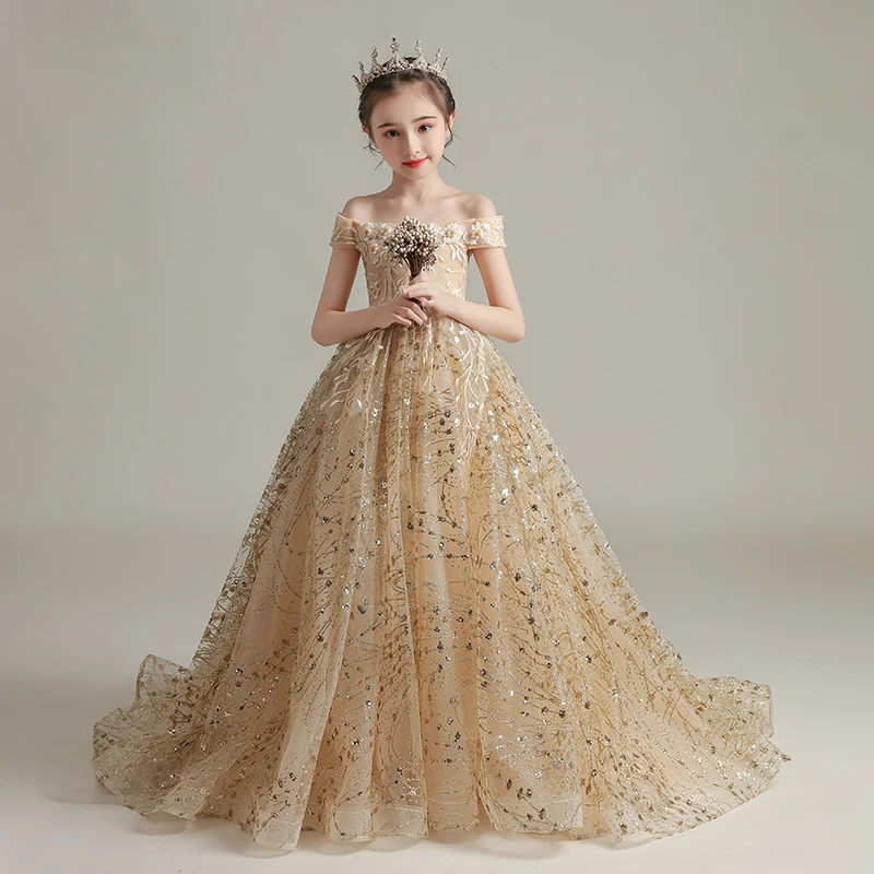 Elegant Gold Birthday Flower Girl Dresses 2020 Ball Gown Off-The-Shoulder Short Sleeve