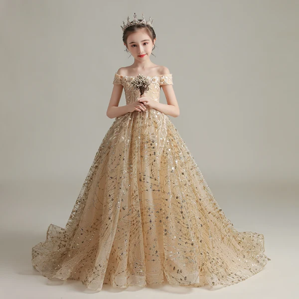Elegant Gold Birthday Flower Girl Dresses 2020 Ball Gown Off-The-Shoulder Short Sleeve Backless Appliques Lace Beading Pearl Sequins Sweep Train Ruffle