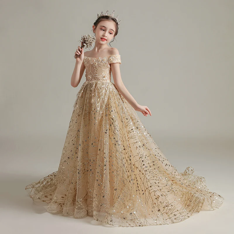 Elegant Gold Birthday Flower Girl Dresses 2020 Ball Gown Off-The-Shoulder Short Sleeve Elegant Gold Birthday Flower Girl Dresses 2020 Ball Gown Off-The-Shoulder Short Sleeve