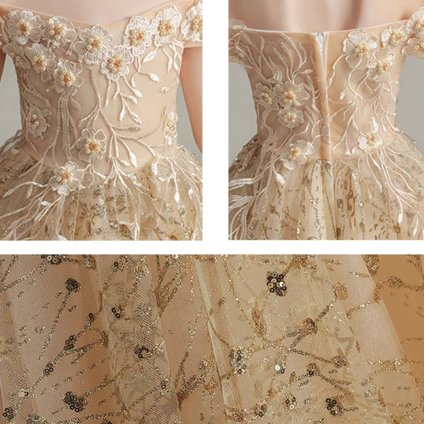 Elegant Gold Birthday Flower Girl Dresses 2020 Ball Gown Off-The-Shoulder Short Sleeve Backless Appliques Lace Beading Pearl Sequins Sweep Train Ruffle