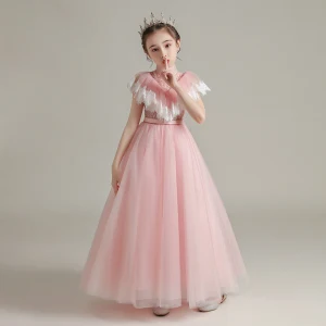 Vintage Retro Pearl Pink See Through Birthday Flower Girl Dresses 2020 A Line Princess High Neck Sleeveless Sash Beading Floor Length Long Ruffle