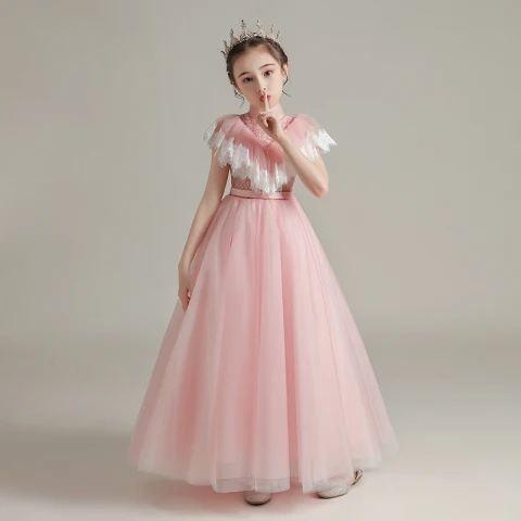 Vintage Pärla Rosa Genomskinliga Födelsedag Brudnäbbsklänning 2020 Prinsessa Hög Hals Ärmlös Skärp Beading Långa Ruffle