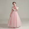 Vintage / Retro Pearl Pink See-through Birthday Flower Girl Dresses 2020 A-Line / Princess High Neck Sleeveless Sash Beading Floor-Length / Long Ruffle