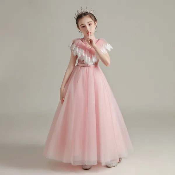 Vintage Różowy Perłowy Przezroczyste Urodziny Sukienki Dla Dziewczynek 2020 Princessa Wysokiej Szyi Bez Rękawów Szarfa Frezowanie Długie Wzburzyć
