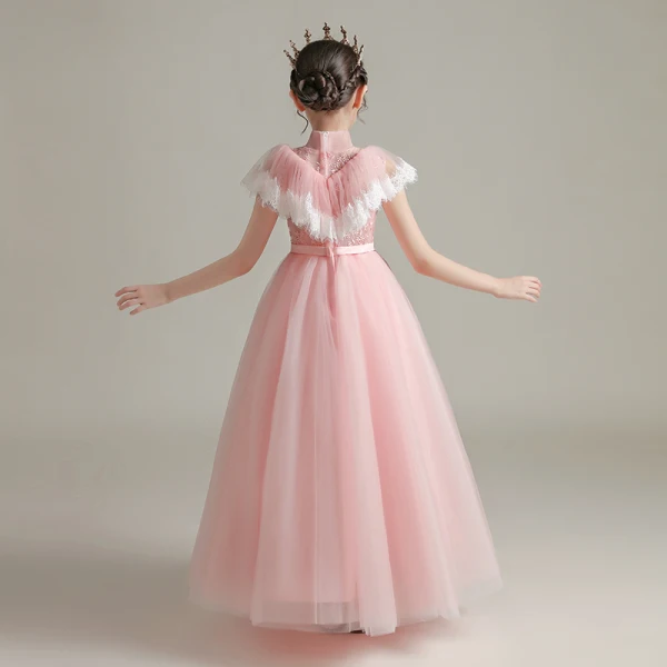 Vintage / Retro Pearl Pink See-through Birthday Flower Girl Dresses 2020 A-Line / Princess High Neck Sleeveless Sash Beading Floor-Length / Long Ruffle