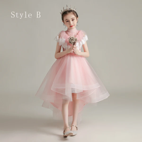 Vintage / Retro Pearl Pink See-through Birthday Flower Girl Dresses 2020 A-Line / Princess High Neck Sleeveless Sash Beading Floor-Length / Long Ruffle