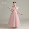 Vintage / Retro Pearl Pink See-through Birthday Flower Girl Dresses 2020 A-Line / Princess High Neck Sleeveless Sash Beading Floor-Length / Long Ruffle
