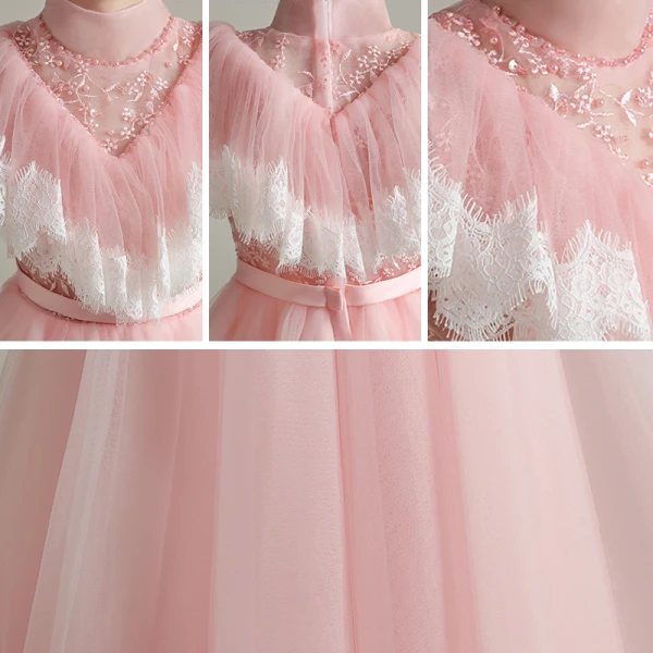 Vintage / Retro Pearl Pink See-through Birthday Flower Girl Dresses 2020 A-Line / Princess High Neck Sleeveless Sash Beading Floor-Length / Long Ruffle
