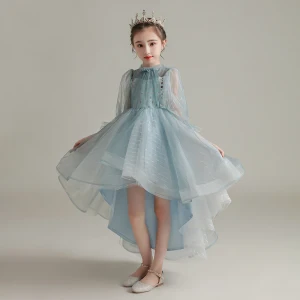 High Low Sky Blue See Through Birthday Flower Girl Dresses 2020 Ball Gown High Neck Puffy Long Sleeve Sequins Asymmetrical Ruffle