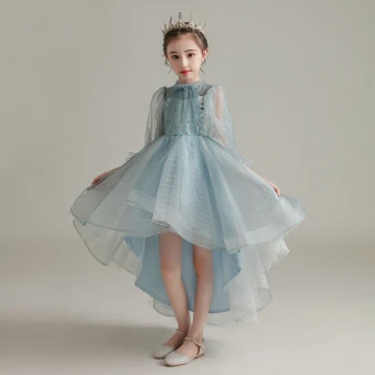 Haute Basse Bleu Ciel Transparentes Anniversaire Robe Ceremonie Fille 2020 Robe Boule Col Haut Gonflée Manches Longues Paillettes Asymétrique Volants