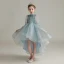 Haute Basse Bleu Ciel Transparentes Anniversaire Robe Ceremonie Fille 2020 Robe Boule Col Haut Gonflée Manches Longues Paillettes Asymétrique Volants