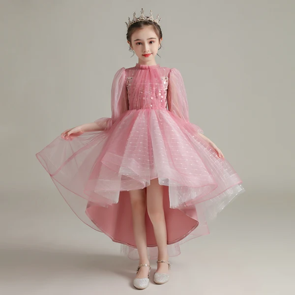 Haute Basse Bleu Ciel Transparentes Anniversaire Robe Ceremonie Fille 2020 Robe Boule Col Haut Gonflée Manches Longues Paillettes Asymétrique Volants