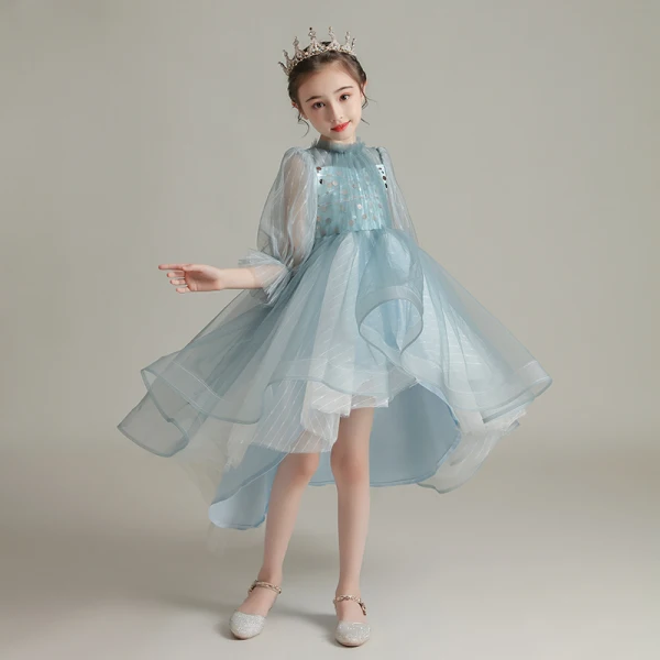 Haute Basse Bleu Ciel Transparentes Anniversaire Robe Ceremonie Fille 2020 Robe Boule Col Haut Gonflée Manches Longues Paillettes Asymétrique Volants