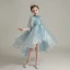 Haute Basse Bleu Ciel Transparentes Anniversaire Robe Ceremonie Fille 2020 Robe Boule Col Haut Gonflée Manches Longues Paillettes Asymétrique Volants