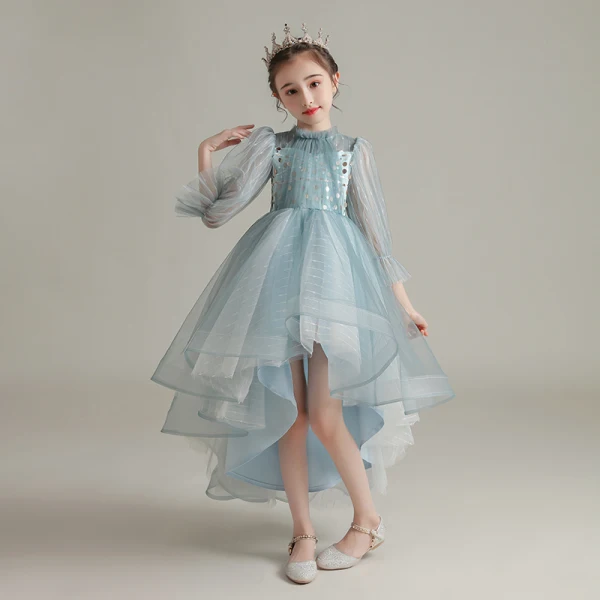 Haute Basse Bleu Ciel Transparentes Anniversaire Robe Ceremonie Fille 2020 Robe Boule Col Haut Gonflée Manches Longues Paillettes Asymétrique Volants