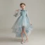 Haute Basse Bleu Ciel Transparentes Anniversaire Robe Ceremonie Fille 2020 Robe Boule Col Haut Gonflée Manches Longues Paillettes Asymétrique Volants