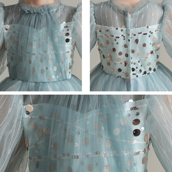 Haute Basse Bleu Ciel Transparentes Anniversaire Robe Ceremonie Fille 2020 Robe Boule Col Haut Gonflée Manches Longues Paillettes Asymétrique Volants