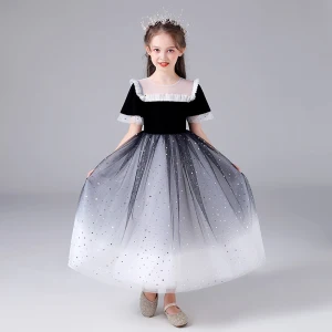Chic Belle Noire Dégradé De Couleur Blanche Anniversaire Robe Ceremonie Fille 2020 Robe Boule Transparentes Encolure Dégagée Sans Manches Paillettes Longue Volants