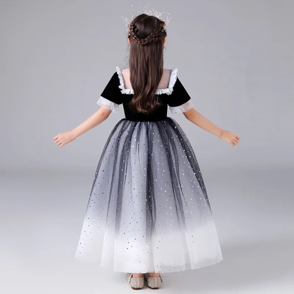 Chic / Beautiful Black Gradient-Color White Birthday Flower Girl Dresses 2020 Ball Gown See-through Scoop Neck Sleeveless Sequins Floor-Length / Long Ruffle
