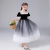 Chic / Beautiful Black Gradient-Color White Birthday Flower Girl Dresses 2020 Ball Gown See-through Scoop Neck Sleeveless Sequins Floor-Length / Long Ruffle