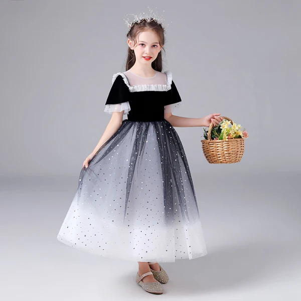 Chic / Beautiful Black Gradient-Color White Birthday Flower Girl Dresses 2020 Ball Gown See-through Scoop Neck Sleeveless Sequins Floor-Length / Long Ruffle