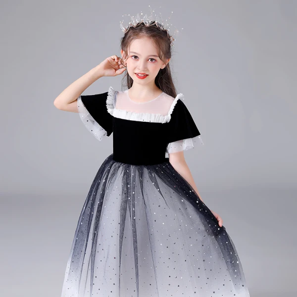 Chic / Beautiful Black Gradient-Color White Birthday Flower Girl Dresses 2020 Ball Gown See-through Scoop Neck Sleeveless Sequins Floor-Length / Long Ruffle