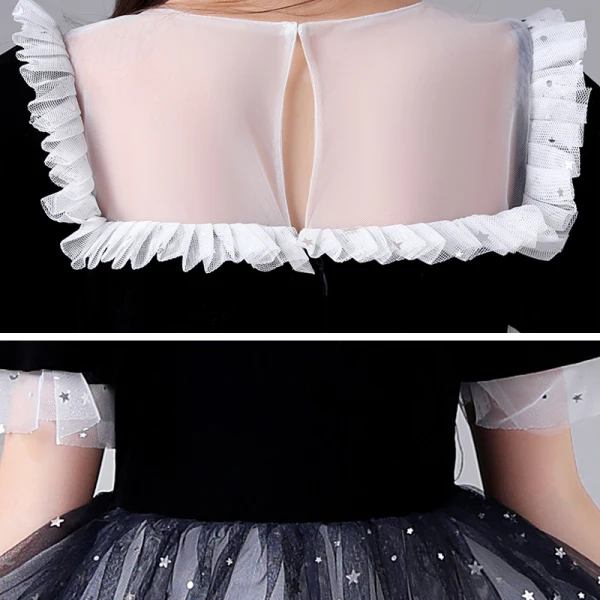 Chic / Beautiful Black Gradient-Color White Birthday Flower Girl Dresses 2020 Ball Gown See-through Scoop Neck Sleeveless Sequins Floor-Length / Long Ruffle
