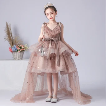 High Low Brown Birthday Flower Girl Dresses 2020 Princess Spaghetti Straps Sleeveless Backless Sequins Asymmetrical Ruffle