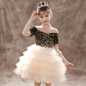 Deux Tons Noire Champagne Robe Ceremonie Fille 2020 Robe Boule Transparentes Encolure Dégagée Manches Courtes Paillettes Courte Volants En Cascade