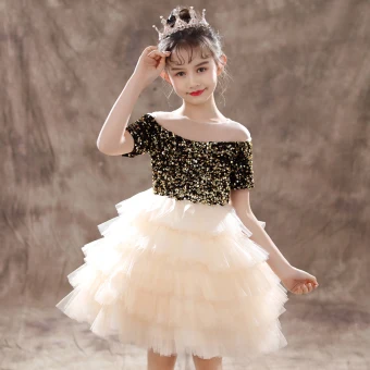 Two Tone Black Champagne Flower Girl Dresses 2020 Ball Gown See Through Scoop Neck Short Sleeve Sequins Short Cascading Ruffles