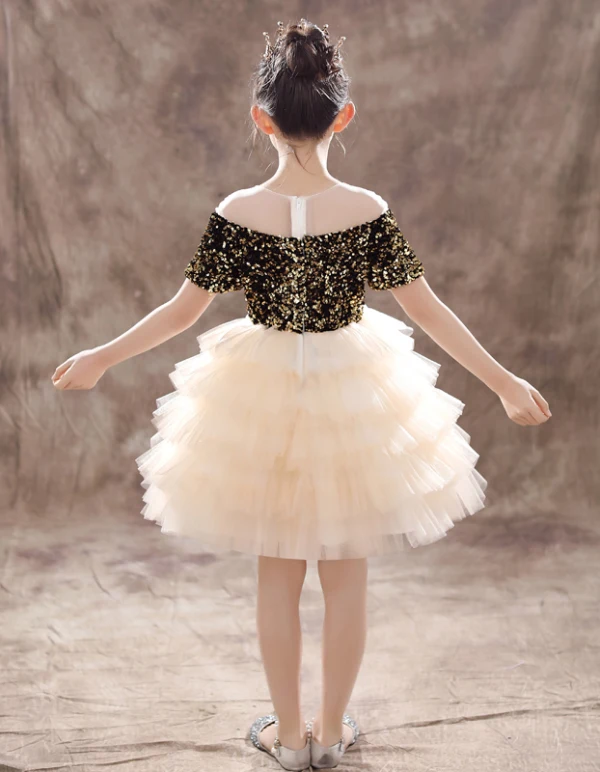 Two Tone Black Champagne Flower Girl Dresses 2020 Ball Gown See-through Scoop Neck Short Sleeve Sequins Short Cascading Ruffles