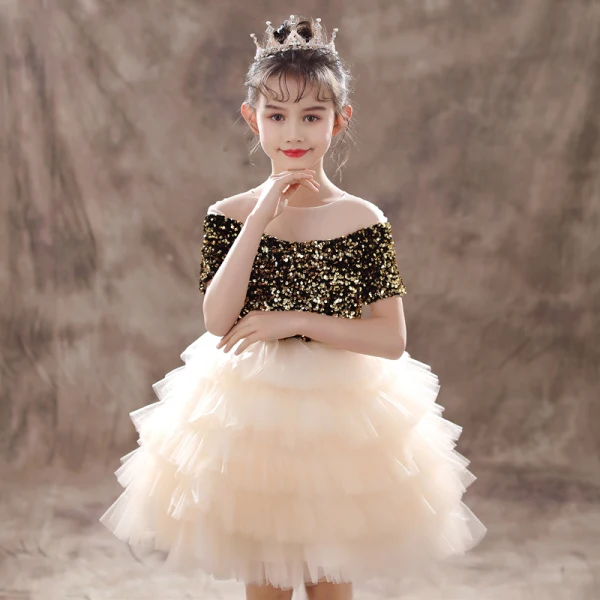 Two Tone Black Champagne Flower Girl Dresses 2020 Ball Gown See-through Scoop Neck Short Sleeve Sequins Short Cascading Ruffles