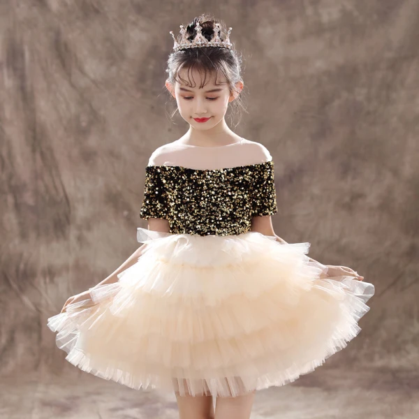 Two Tone Black Champagne Flower Girl Dresses 2020 Ball Gown See-through Scoop Neck Short Sleeve Sequins Short Cascading Ruffles