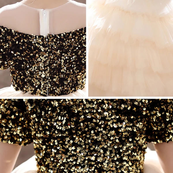 Two Tone Black Champagne Flower Girl Dresses 2020 Ball Gown See-through Scoop Neck Short Sleeve Sequins Short Cascading Ruffles