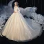 Bäst Champagne Brud Bröllopsklänningar 2020 Balklänning Av Axeln 3/4 ärm Halterneck Appliqués Spets Beading Glittriga / Glitter Tyll Cathedral Train Ruffle