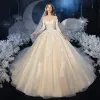 Best Champagne Bridal Wedding Dresses 2020 Ball Gown Off-The-Shoulder 3/4 Sleeve Backless Appliques Lace Beading Glitter Tulle Cathedral Train Ruffle