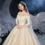 Bäst Champagne Brud Bröllopsklänningar 2020 Balklänning Av Axeln 3/4 ärm Halterneck Appliqués Spets Beading Glittriga / Glitter Tyll Cathedral Train Ruffle