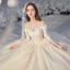 Bäst Champagne Brud Bröllopsklänningar 2020 Balklänning Av Axeln 3/4 ärm Halterneck Appliqués Spets Beading Glittriga / Glitter Tyll Cathedral Train Ruffle
