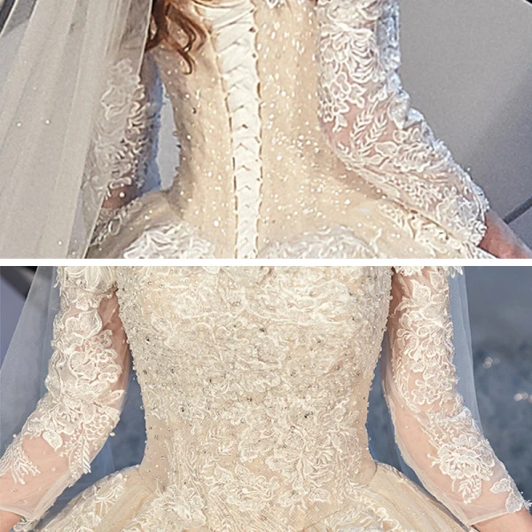 Bäst Champagne Brud Bröllopsklänningar 2020 Balklänning Av Axeln 3/4 ärm Halterneck Appliqués Spets Beading Glittriga / Glitter Tyll Cathedral Train Ruffle