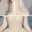 Bäst Champagne Brud Bröllopsklänningar 2020 Balklänning Av Axeln 3/4 ärm Halterneck Appliqués Spets Beading Glittriga / Glitter Tyll Cathedral Train Ruffle