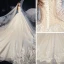 Bäst Champagne Brud Bröllopsklänningar 2020 Balklänning Av Axeln 3/4 ärm Halterneck Appliqués Spets Beading Glittriga / Glitter Tyll Cathedral Train Ruffle